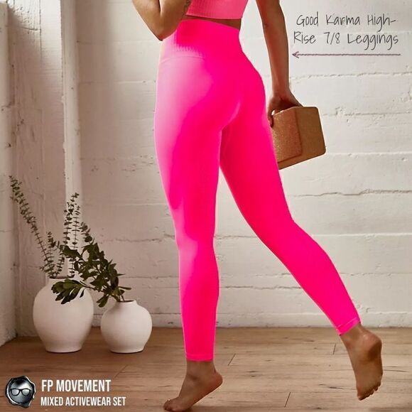 FP MOVEMENT SET: GOOD KARMA SQUARE NECK BRA + LEGGINGS + HR TANK NEON PINKS XS/S - Picture 12 of 16